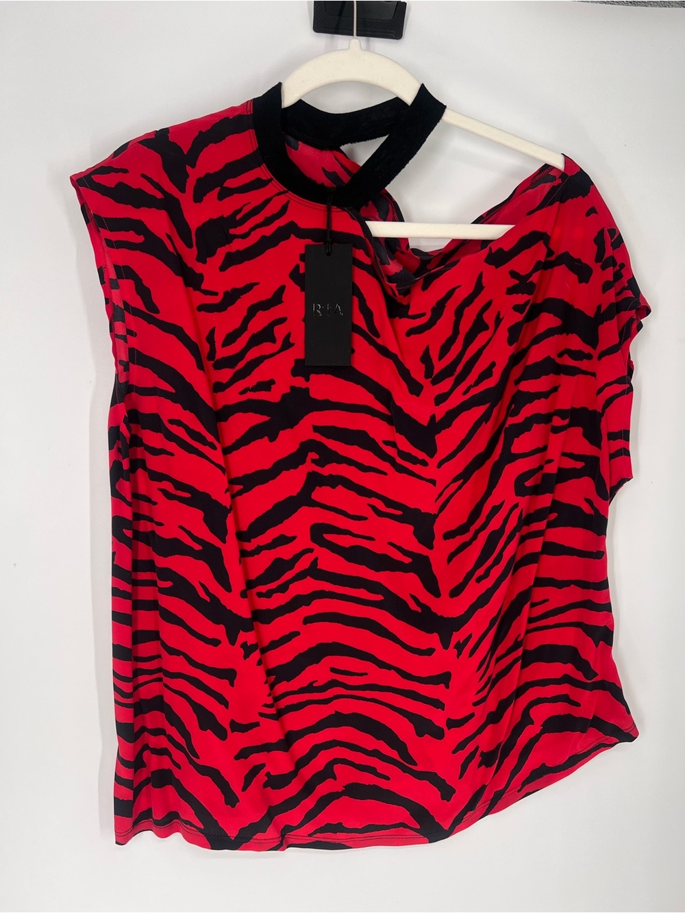 RtA 100% Silk Red Black Zebra Print Cut Out Designer Satin Blouse Tank Large NWT